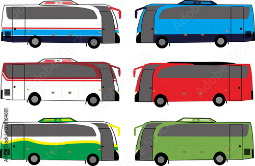 Vector illustration of various types of Indonesian buses, various colors of buses, passenger buses, tourism, intercity buses