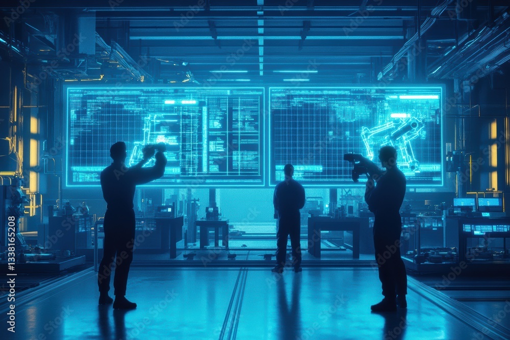 Futuristic Factory Workers Analyzing 3D Blueprints on Giant Screens in a High-Tech Industrial Setting Futuristic Factory Workers Analyzing 3D Blueprints on Giant Screens in a High-Tech Industrial Setting
