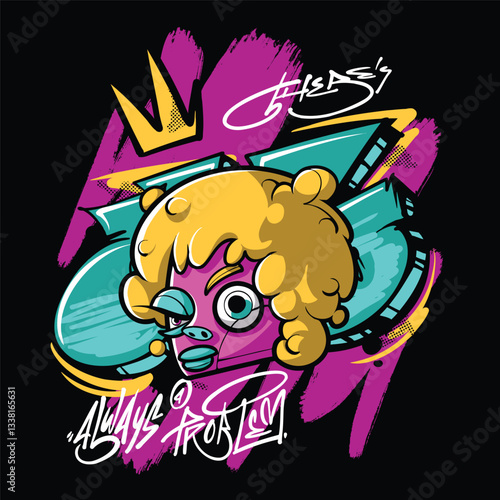 A vibrant and colorful graffiti-style vector illustration featuring a street art character
