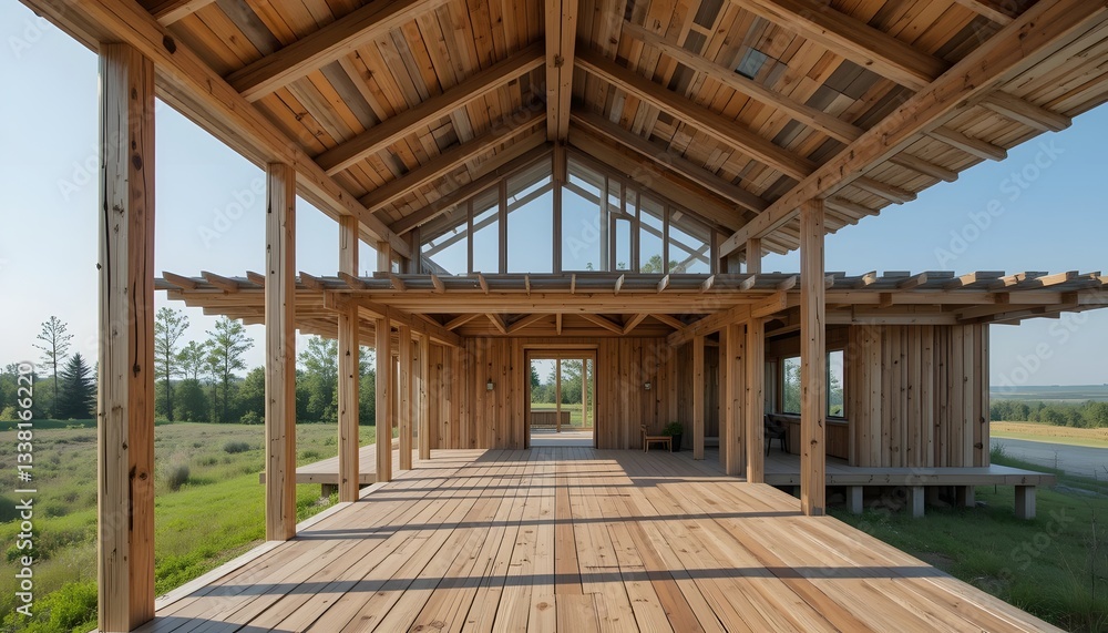 Fototapeta premium A modern, open wooden structure featuring large windows, showcasing minimalist design and blending with the surrounding natural landscape.