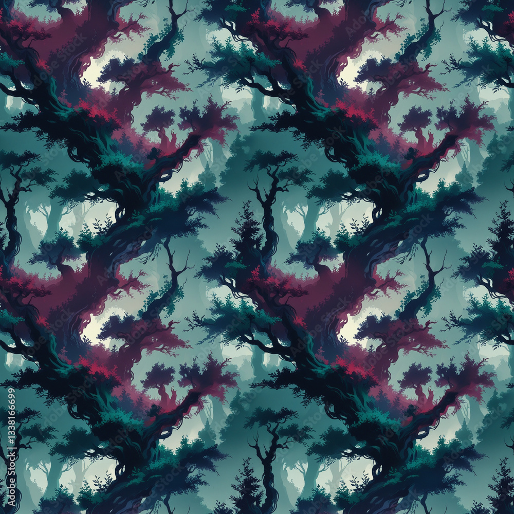 Fototapeta premium Fantasy Forest Landscape, Dark and Mysterious, Seamless Pattern, Magical or Enchanted Woods Representation