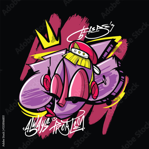 A vibrant and colorful graffiti-style vector illustration featuring a street art character