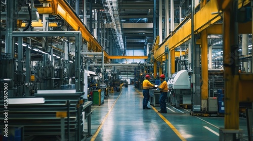A busy industrial factory floor with workers and machinery, showcasing a well-organized manufacturing environment.