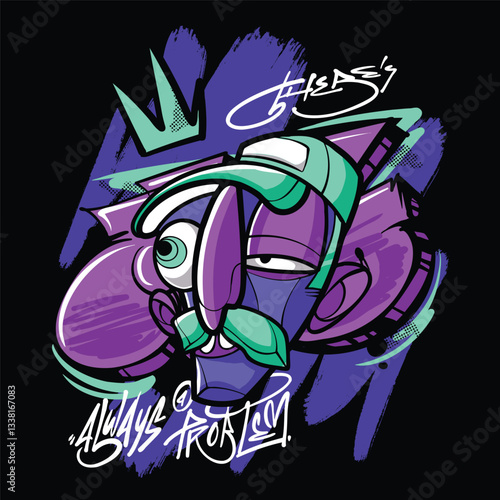 A vibrant and colorful graffiti-style vector illustration featuring a street art character