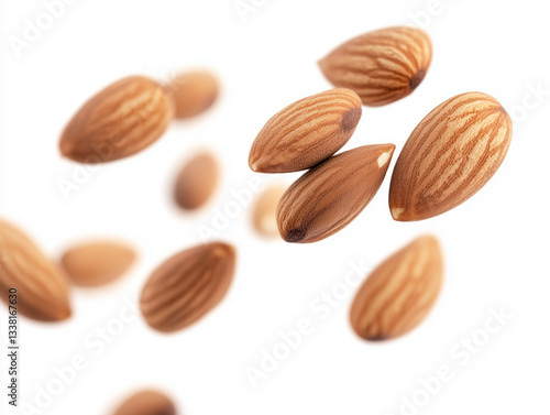Fresh alomonds flying around, nutritious, tasty and healthy. 