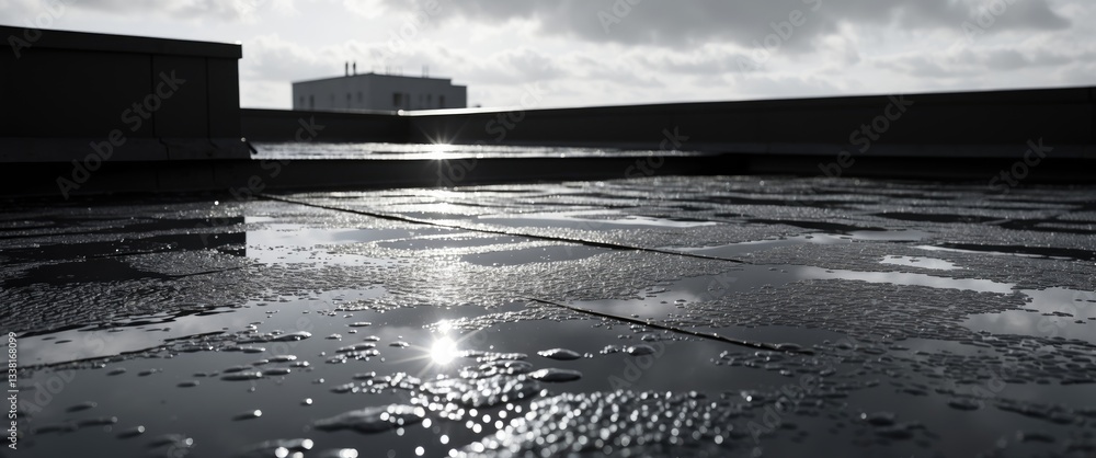 Abstract background featuring a thin layer of water condensed on a flat roof.