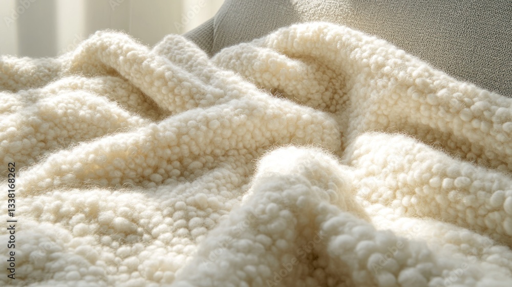 Soft, textured cream-colored blanket draped over a chair, highlighting the cozy, fluffy, and warm material. Soft, textured cream-colored blanket draped over a chair, highlighting the cozy, fluffy, and warm material.