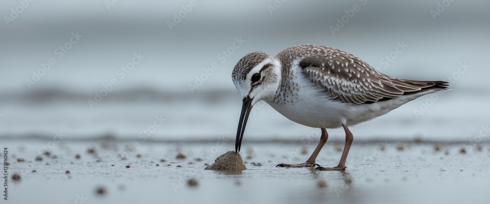 Obraz premium A calm sandpiper bird searches for food in the wet sand on a peaceful beach, depicted in a softly focused, minimalist setting.