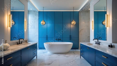 Wallpaper Mural A luxurious bathroom featuring a blue cabinet and accent wall, gold pendant lights above the marble countertop, tiled flooring and wall, along with a freestanding soaking bathtub. Torontodigital.ca