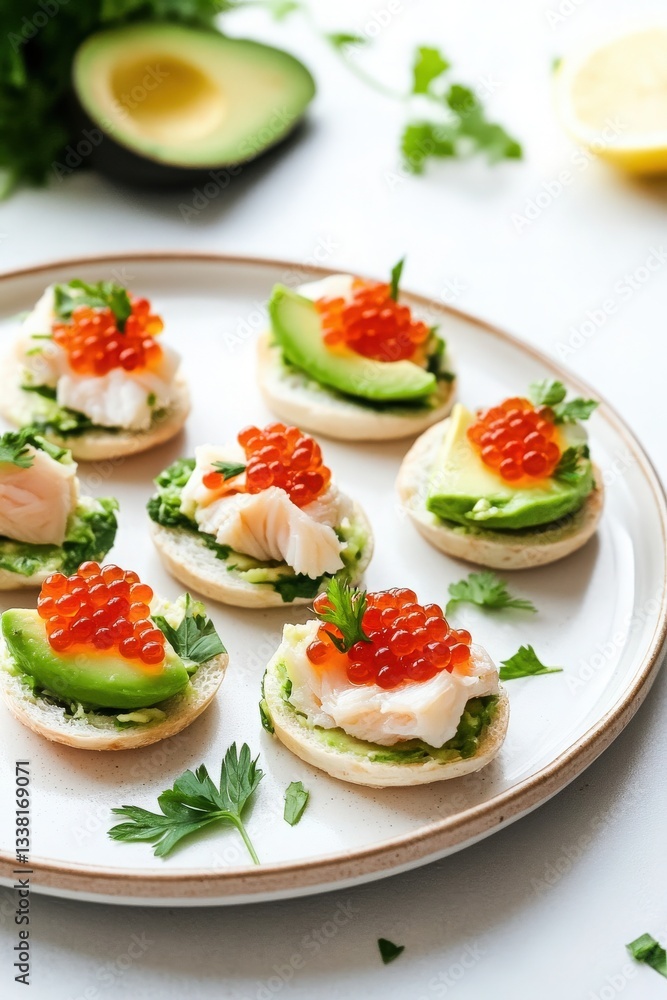 Playful and Colorful Scene of Mini Sandwiches with Crab Meat, Avocado, and Red Caviar on a Bright Plate Playful and Colorful Scene of Mini Sandwiches with Crab Meat, Avocado, and Red Caviar on a Bright Plate