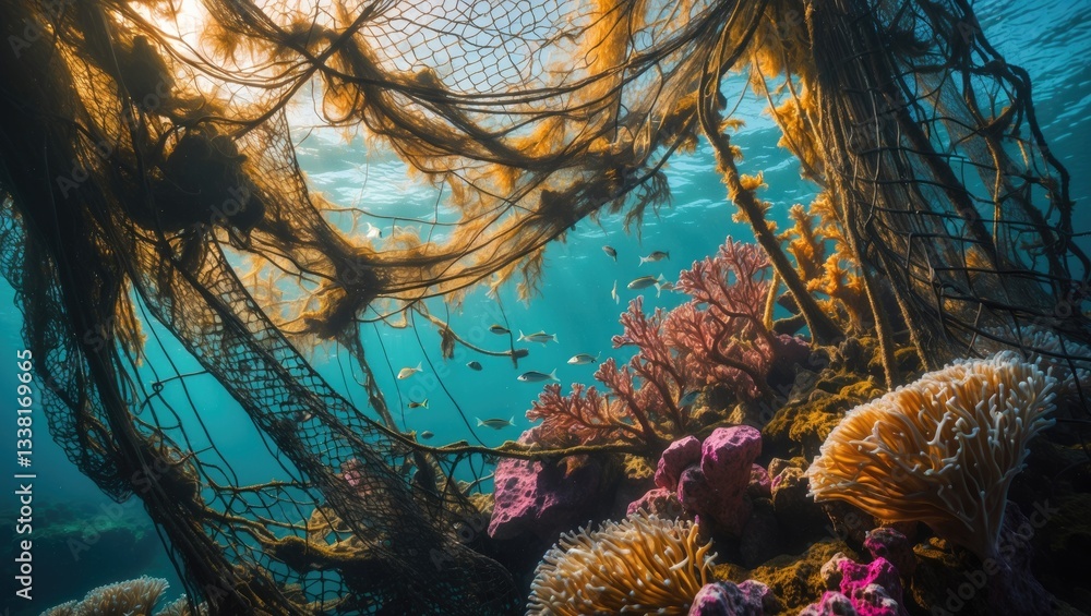 Obraz premium Abandoned ghost fishing net on coral reef.