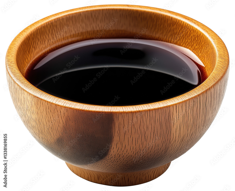 Soy sauce in small wooden bowl isolated on transparent background.