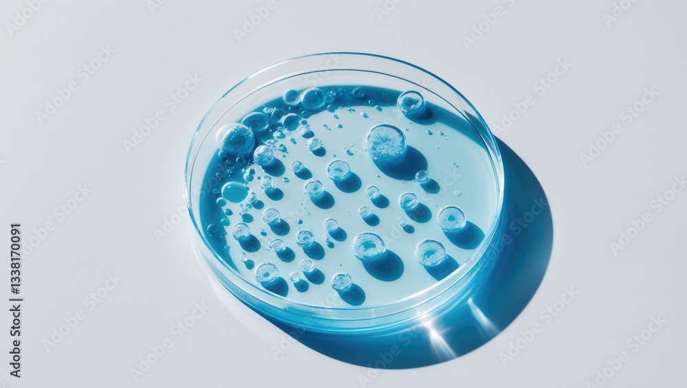 Fototapeta premium Abstract petri dish containing cosmetic or medical liquid on a white background from a top perspective. Science cosmetic laboratory theme.