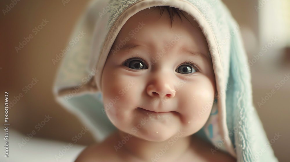 A baby with big eyes and a sweet smile looks up from under a towel. A baby with big eyes and a sweet smile looks up from under a towel.