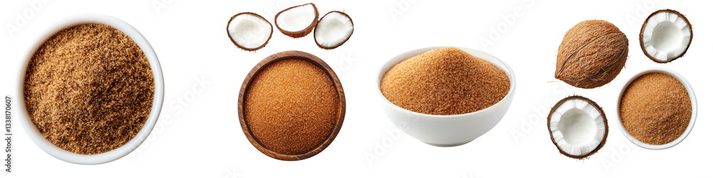Assortment of brown sugar white sugar and coconut shavings presented in bowls on a white background Assortment of brown sugar white sugar and coconut shavings presented in bowls on a white background