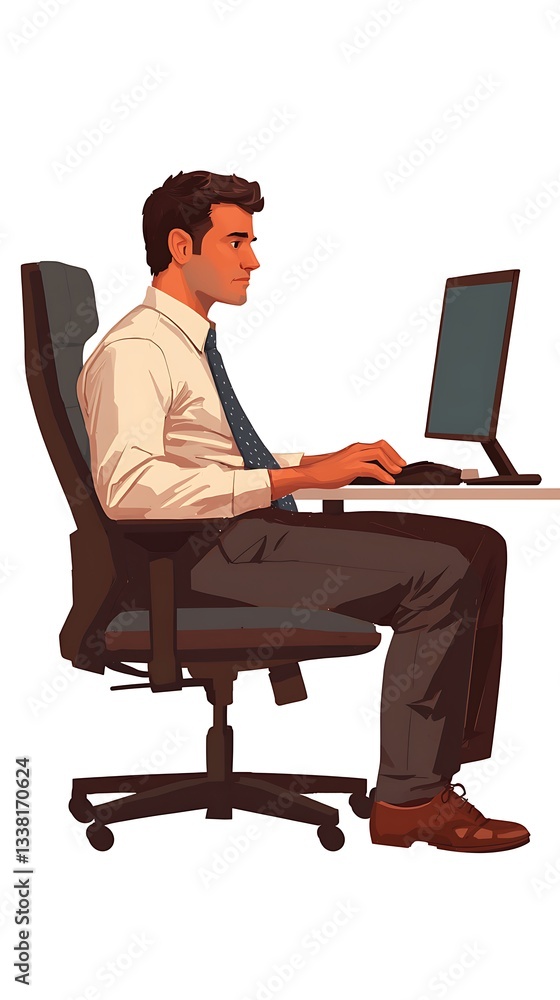A focused man sits at a desk working on a computer, wearing formal attire, embodying a professional and engaged demeanor. A focused man sits at a desk working on a computer, wearing formal attire, embodying a professional and engaged demeanor.