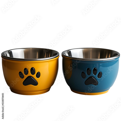 3D icon of a dog bowl in blue and yellow colors isolated on transparent white background, clipping path, pen tool.