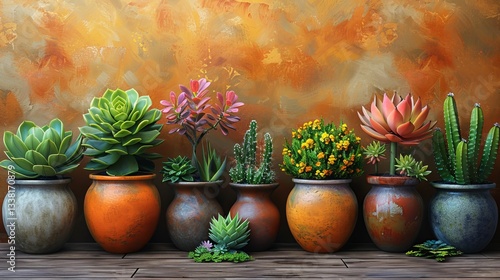 Wallpaper Mural A row of vases with various plants in them, including cacti and flowers Torontodigital.ca