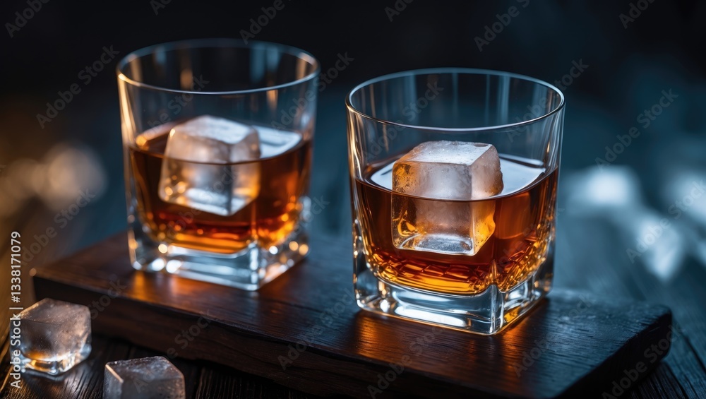 Top view of two glasses containing whiskey, rum, brandy, or bourbon with an ice cube resting on a wooden surface against a dark background. Concept of alcohol, strong spirits, beverages, liquid. Top view of two glasses containing whiskey, rum, brandy, or bourbon with an ice cube resting on a wooden surface against a dark background. Concept of alcohol, strong spirits, beverages, liquid.