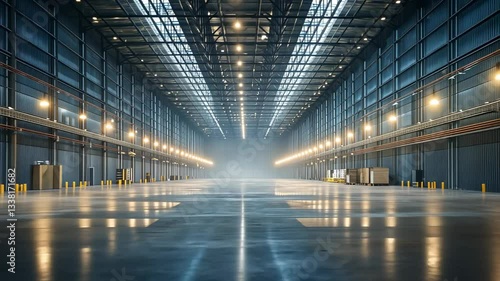 An expansive, brightly lit industrial warehouse interior, spacious and empty, with metallic beams.
