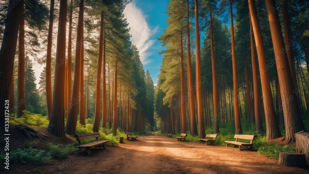 Fototapeta premium Embrace serenity while strolling along this picturesque forest trail, flanked by towering trees that reach high into the sky. Discover peace in the soft whisper of leaves and the fresh scent that e...