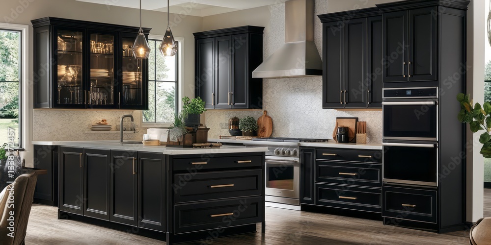 Fototapeta premium Modern kitchen interior with black cabinets and appliances presents a design