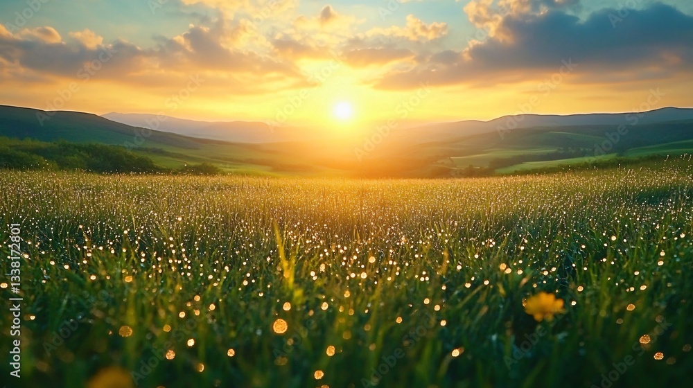 Naklejka premium Serene sunrise over a dewy grassy field, perfect for World Environment Day or nature-themed projects. Ideal for promoting tranquility and outdoor events.