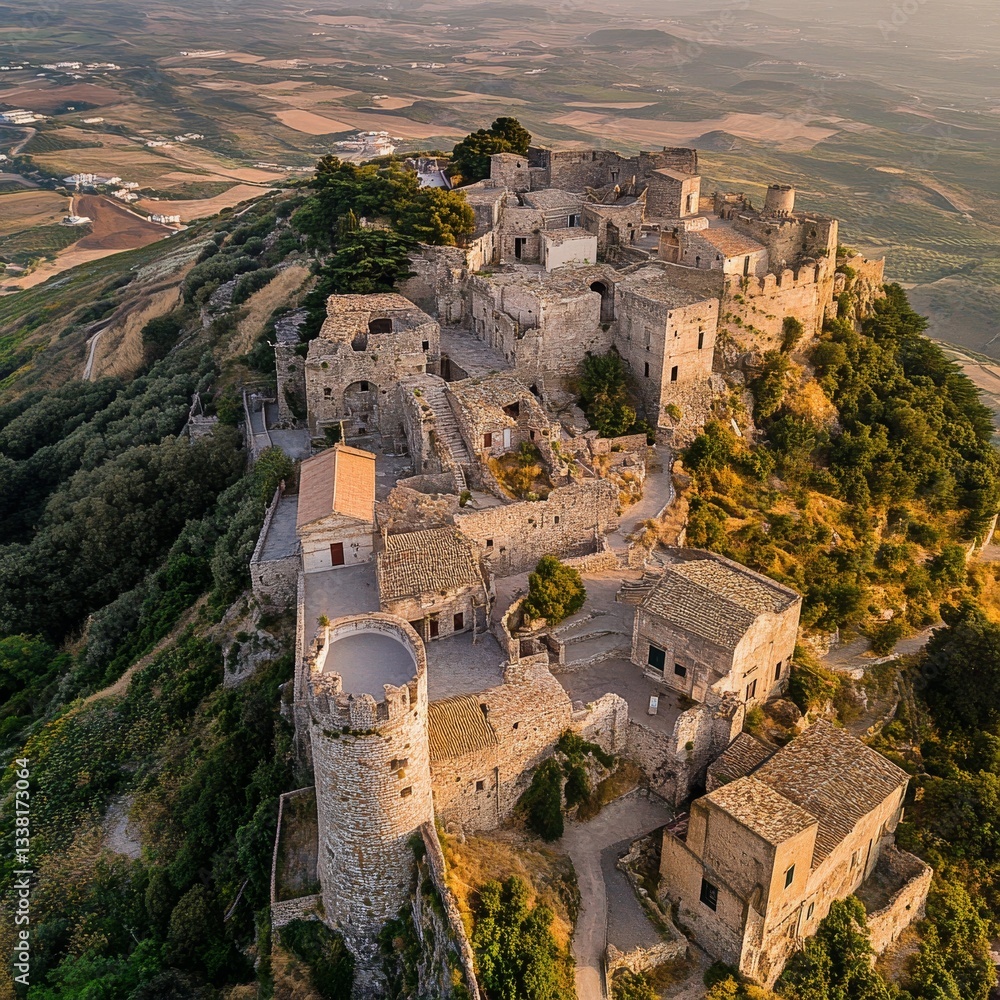 Obraz premium Aerial view of historic town of Erice near Trapani. Castello di Venere, Sicily, Italy 