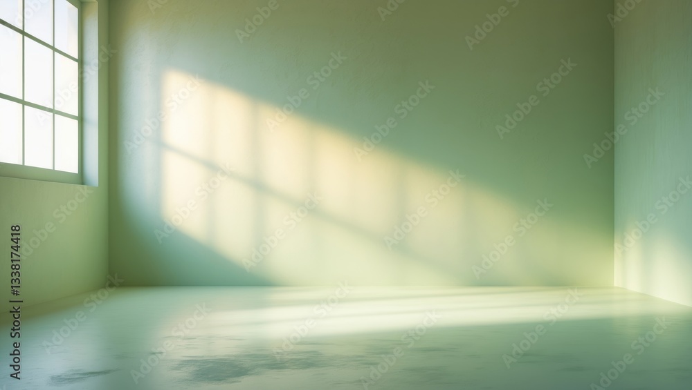 Abstract green studio backdrop for product display. Vacant room with window shadows. Present product with blurred background.