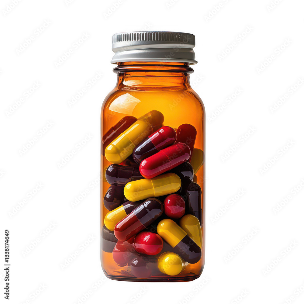 Colorful Capsules In An Amber Bottle Isolated On Transparent Background For Medicine And Health Use Colorful Capsules In An Amber Bottle Isolated On Transparent Background For Medicine And Health Use