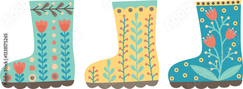Set of rubber boots drawn in scandinavian style. Cute shoes with floral ornament	