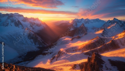 Fototapeta Naklejka Na Ścianę i Meble -  Golden Sunset Over Snow-Capped Mountain Ridges. The Peaceful Splendor Of A Secluded Landscape. Adventure, Nature, And Serenity.