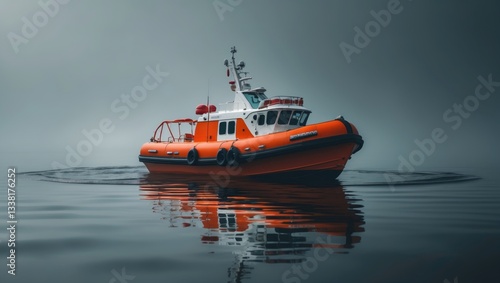 A rescue lifeboat on the water's surface in a dark background.