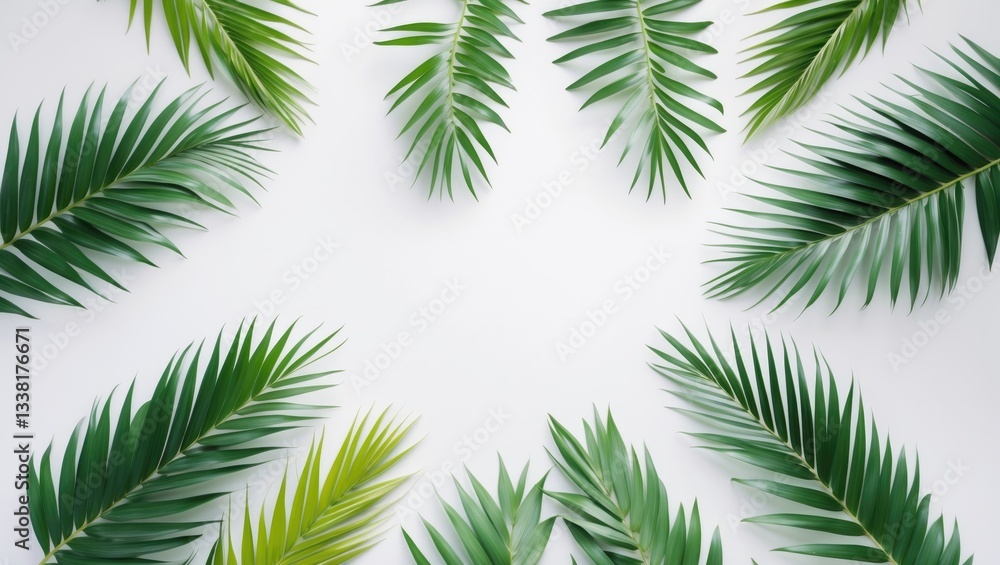 Green palm leaf branches on a white background. Flat lay composition, top view. Green palm leaf branches on a white background. Flat lay composition, top view.