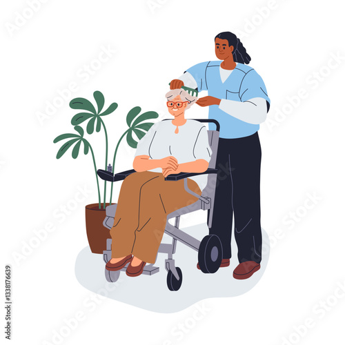 Caregiver combing elderly woman in wheelchair. Hair care, grooming for senior lady. Hairdresser during assistance, help for old aged female. Flat vector illustration isolated on white background