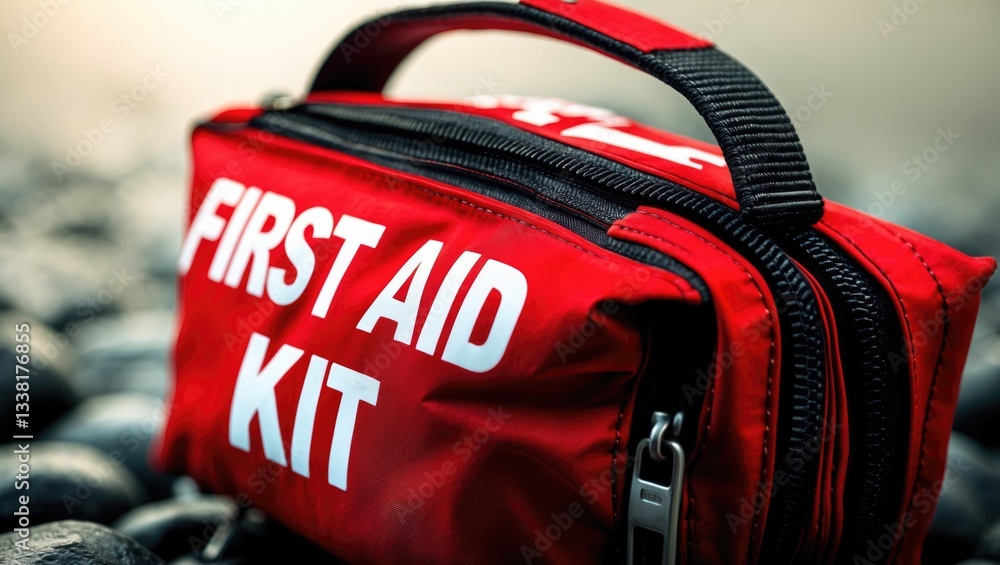 A closeup of a red first aid kit bag featuring a black zip and handle.