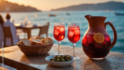 Fototapeta Naklejka Na Ścianę i Meble -  A pitcher and two glasses of sangria accompanied by side dishes in a restaurant during sunset.