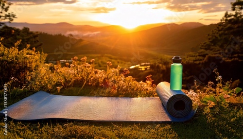 outdoor yoga session at sunrise, with a yoga mat, water bottle, 