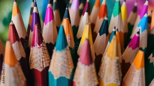 Close up view of vibrant sharpened colored pencils cluster, showcasing variety of hues and wooden textures. vdo highlights pointed tips and rich diversity of colors, perfect for artistic creativity