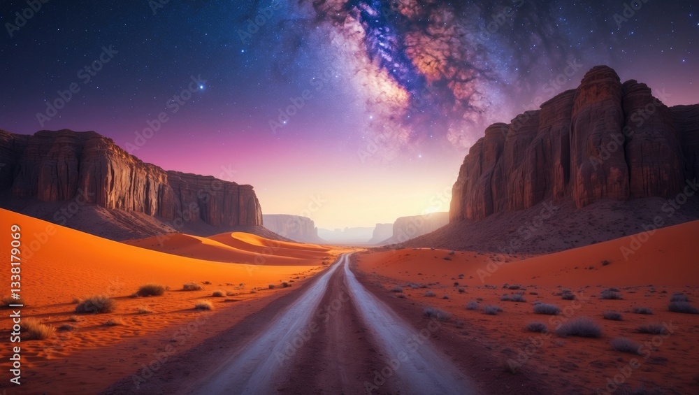Obraz premium Stunning view of the desert, The Valley of the Moon. Orange sand, Milky Way sky. Sunset wallpaper. Explore the beauty of the Earth. National park outdoor landscape.