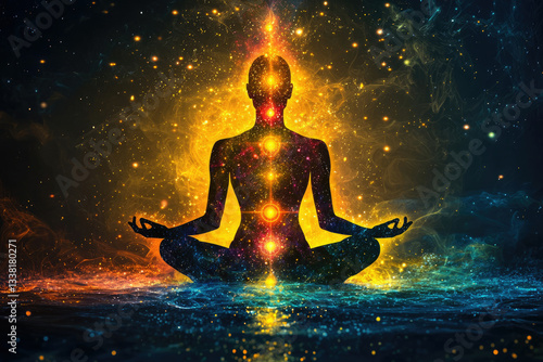 A silhouette meditating with vibrant energy centers aligned, cosmic background.