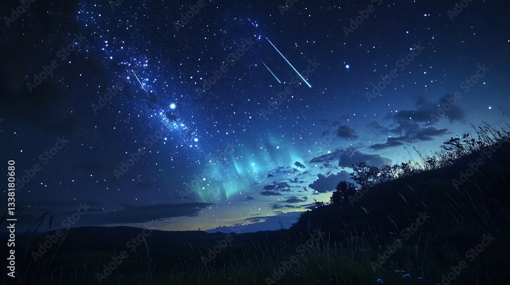 Enchanting Nightscape, A Celestial Dance of Shooting Stars and Milky Way Enchanting Nightscape, A Celestial Dance of Shooting Stars and Milky Way