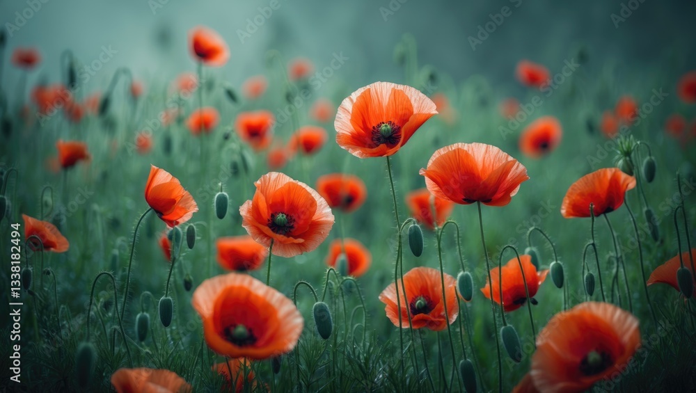 Obraz premium Gorgeous red poppies on a backdrop. Flowers blooming in a wild field of red poppies. Stunning field of red poppies with focused detail.