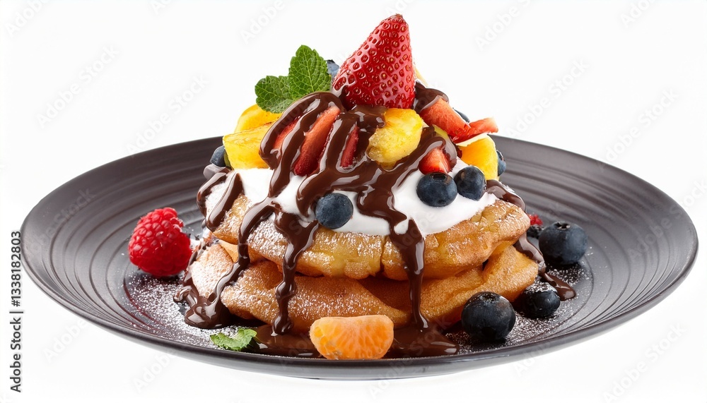 delicious funnel cake topped with chocolated syrup and fruit isolated on white delicious funnel cake topped with chocolated syrup and fruit isolated on white
