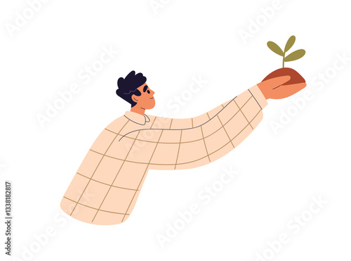 Plant sprout, seedling in hand. Man holding, growing leaf sapling in soil. Ecology, nature care, organic eco farming and agriculture concept. Flat vector illustration isolated on white background