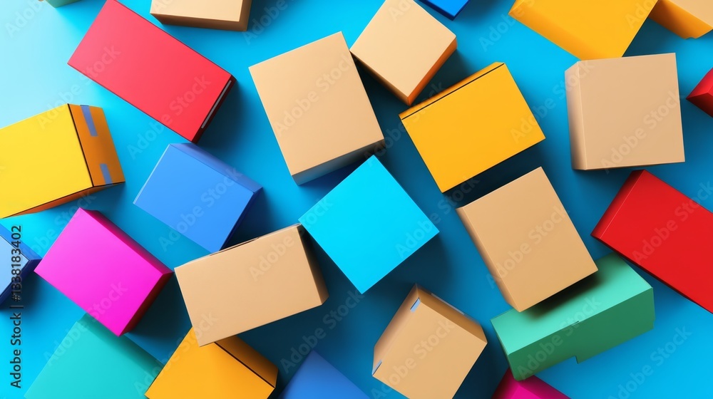 Colorful cardboard boxes scattered on a vibrant blue background create a lively and playful visual design for packaging or creativity Colorful cardboard boxes scattered on a vibrant blue background create a lively and playful visual design for packaging or creativity