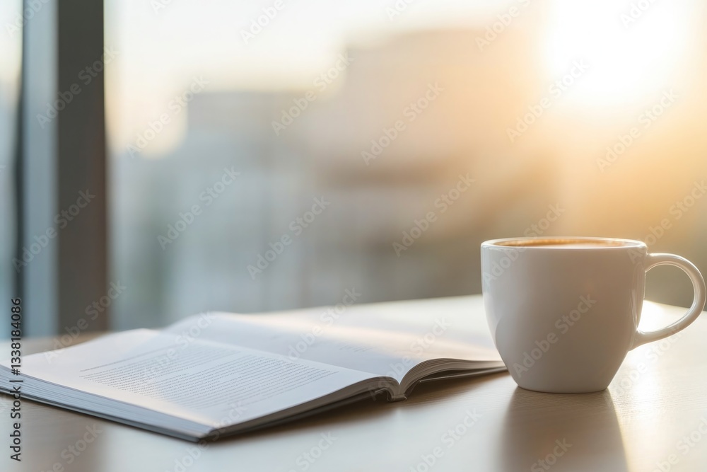 Morning sunlight bathes open book and coffee cup, creating seren Morning sunlight bathes open book and coffee cup, creating seren