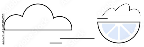 Cloud alongside half a citrus fruit with segmented pulp and motion-thumbs up lines. Ideal for weather, nature, freshness, simplicity, minimalism, creativity, symbolism, flat simple metaphor