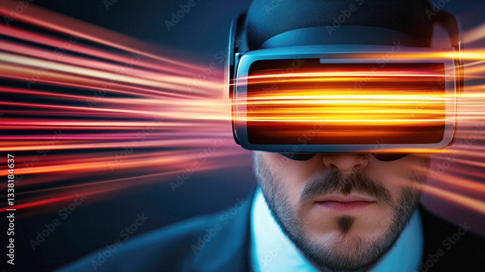 Immersive virtual reality experience with man wearing headset and light streaks for technology design Immersive virtual reality experience with man wearing headset and light streaks for technology design