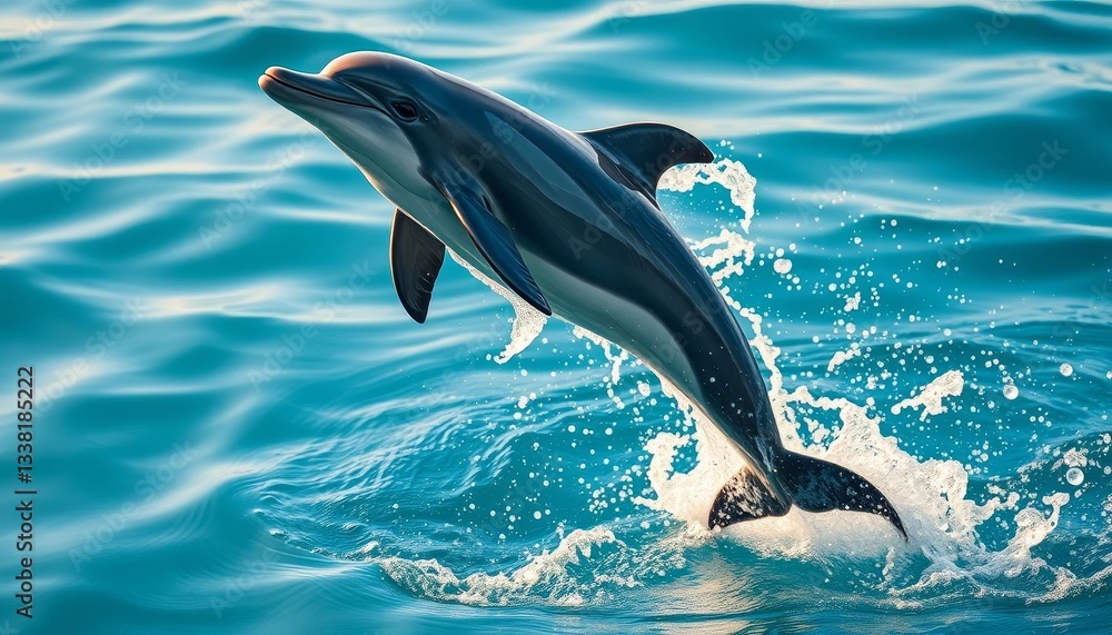 Obraz premium A graceful dolphin leaps from the ocean's depths, its sleek body glistening in the sunlight, creating a mesmerizing display of aquatic acrobatics and marine beauty.